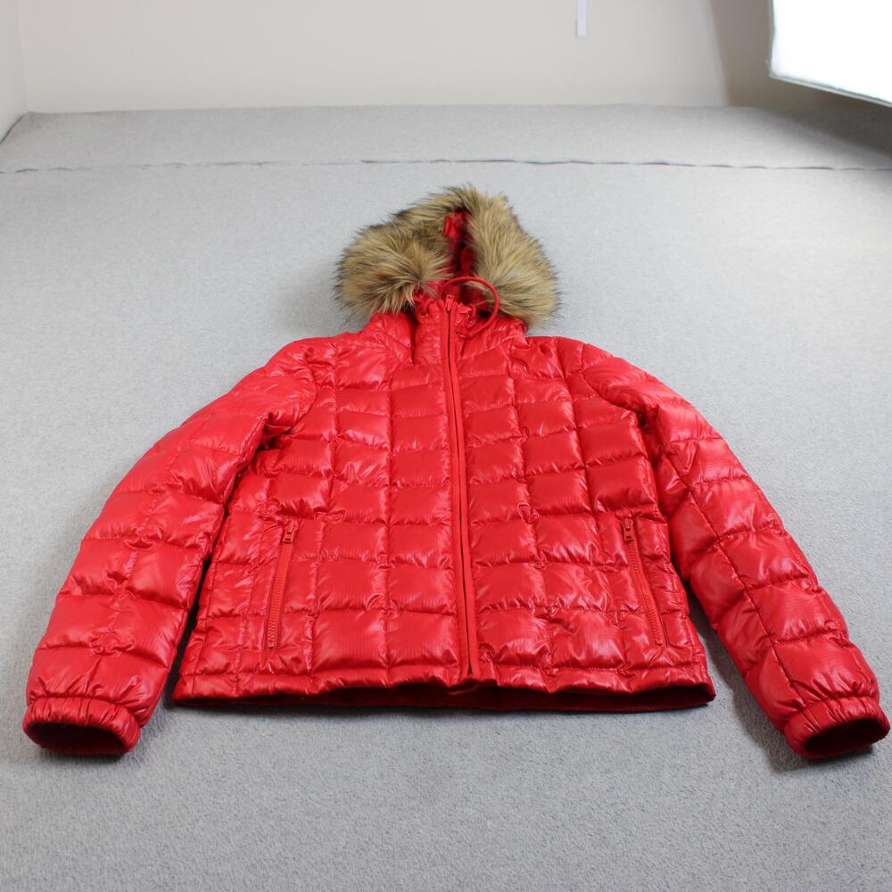 J Crew Down Jacket Women Small Red Hooded Fur Trim Puffer Zip Heritage Classic